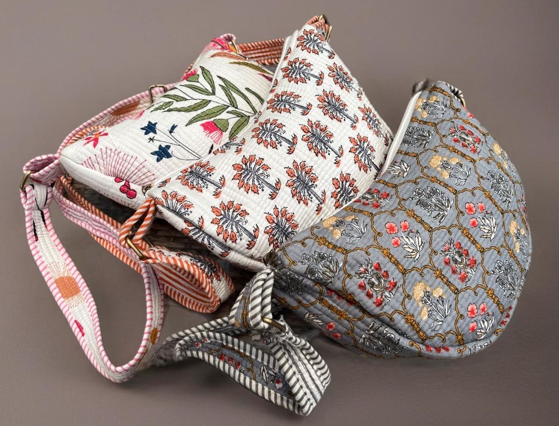Block printed cross body bags